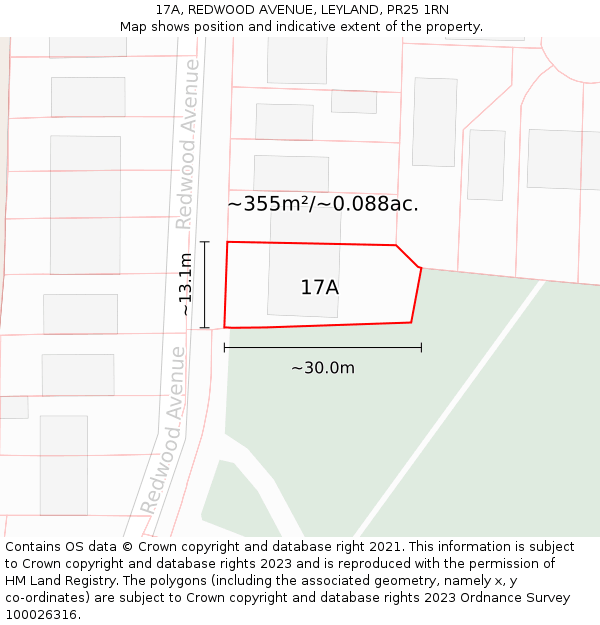17A, REDWOOD AVENUE, LEYLAND, PR25 1RN: Plot and title map