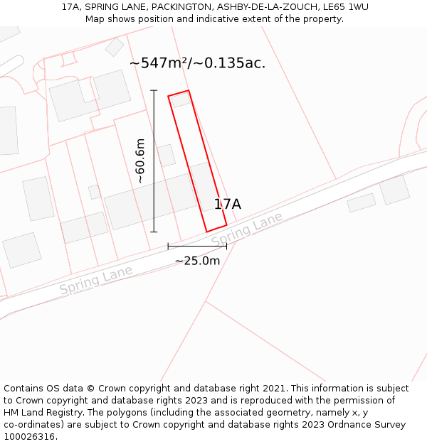17A, SPRING LANE, PACKINGTON, ASHBY-DE-LA-ZOUCH, LE65 1WU: Plot and title map