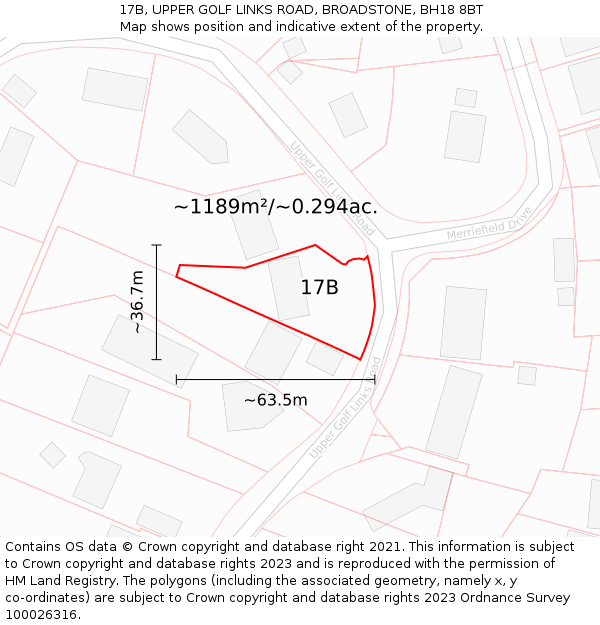 17B, UPPER GOLF LINKS ROAD, BROADSTONE, BH18 8BT: Plot and title map