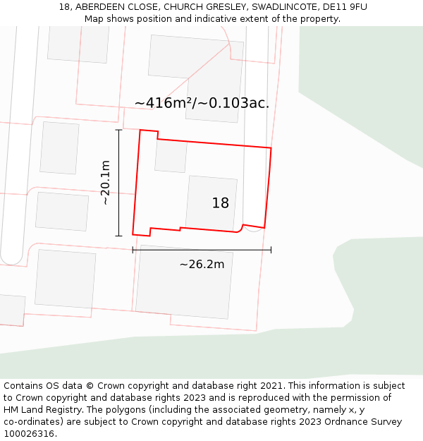 18, ABERDEEN CLOSE, CHURCH GRESLEY, SWADLINCOTE, DE11 9FU: Plot and title map