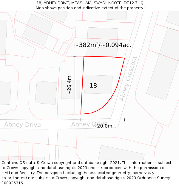 18, ABNEY DRIVE, MEASHAM, SWADLINCOTE, DE12 7HQ: Plot and title map
