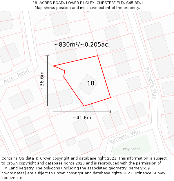 18, ACRES ROAD, LOWER PILSLEY, CHESTERFIELD, S45 8DU: Plot and title map