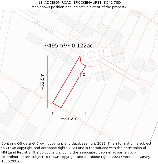 18, ADDISON ROAD, BROCKENHURST, SO42 7SD: Plot and title map