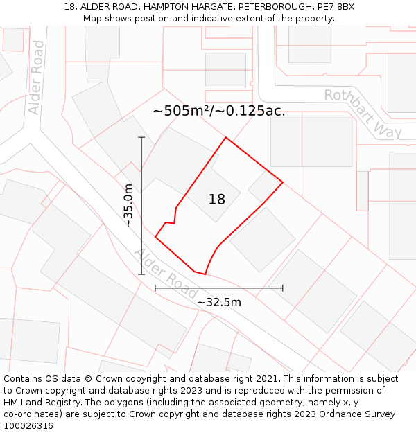 18, ALDER ROAD, HAMPTON HARGATE, PETERBOROUGH, PE7 8BX: Plot and title map