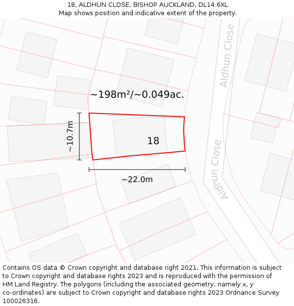18, ALDHUN CLOSE, BISHOP AUCKLAND, DL14 6XL: Plot and title map
