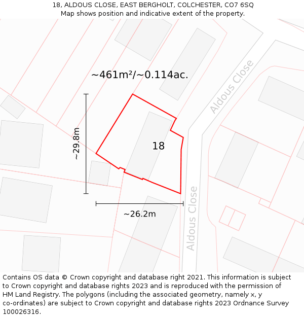 18, ALDOUS CLOSE, EAST BERGHOLT, COLCHESTER, CO7 6SQ: Plot and title map