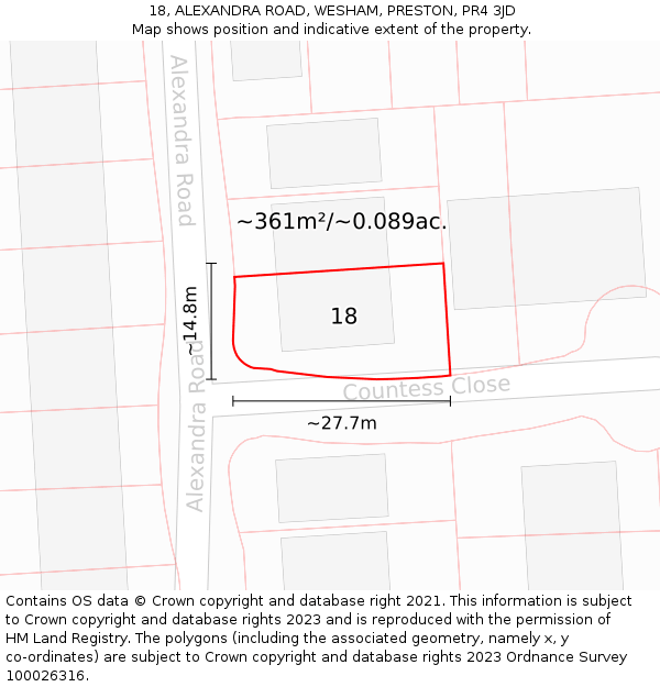 18, ALEXANDRA ROAD, WESHAM, PRESTON, PR4 3JD: Plot and title map