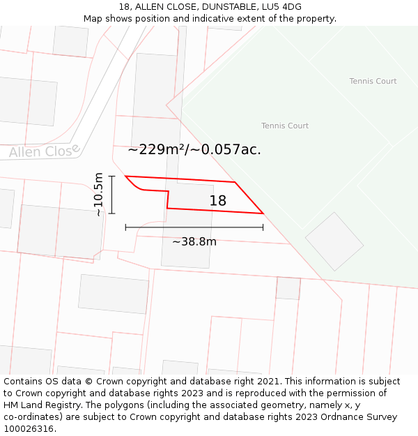 18, ALLEN CLOSE, DUNSTABLE, LU5 4DG: Plot and title map