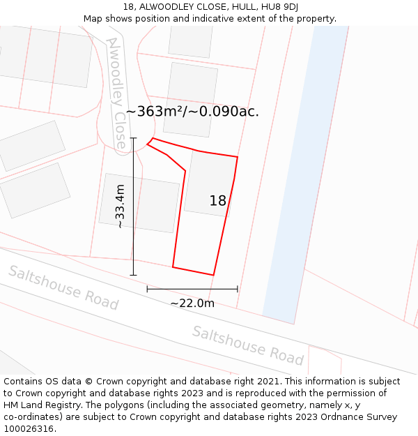 18, ALWOODLEY CLOSE, HULL, HU8 9DJ: Plot and title map