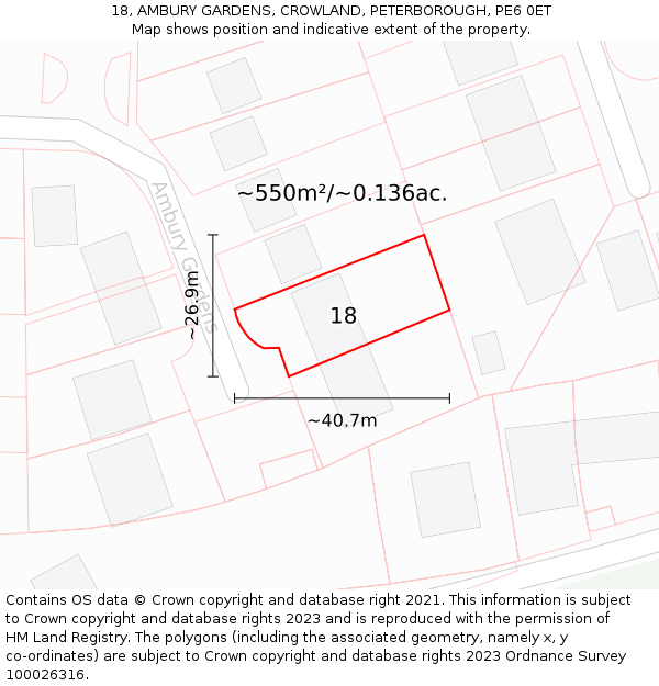 18, AMBURY GARDENS, CROWLAND, PETERBOROUGH, PE6 0ET: Plot and title map