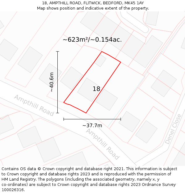 18, AMPTHILL ROAD, FLITWICK, BEDFORD, MK45 1AY: Plot and title map