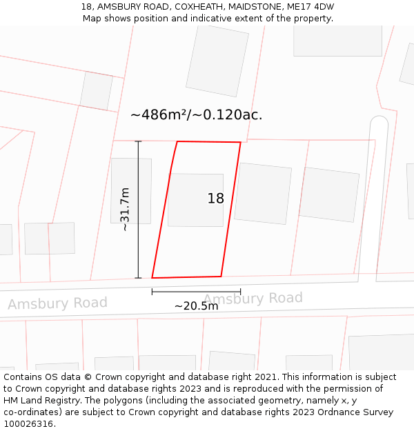 18, AMSBURY ROAD, COXHEATH, MAIDSTONE, ME17 4DW: Plot and title map