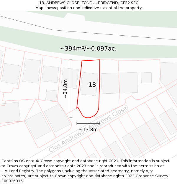 18, ANDREWS CLOSE, TONDU, BRIDGEND, CF32 9EQ: Plot and title map