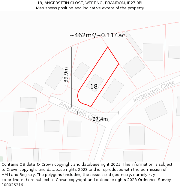 18, ANGERSTEIN CLOSE, WEETING, BRANDON, IP27 0RL: Plot and title map