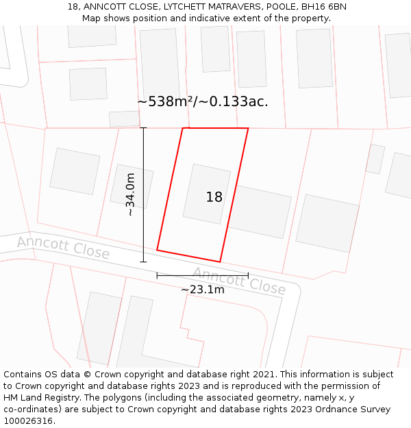 18, ANNCOTT CLOSE, LYTCHETT MATRAVERS, POOLE, BH16 6BN: Plot and title map