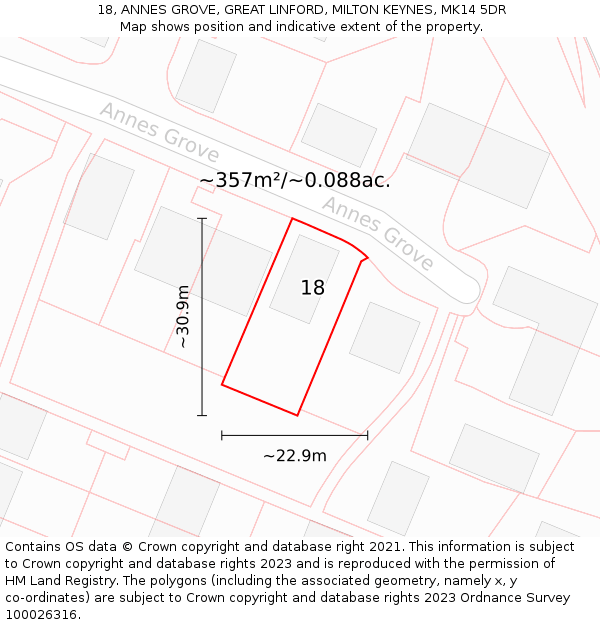 18, ANNES GROVE, GREAT LINFORD, MILTON KEYNES, MK14 5DR: Plot and title map