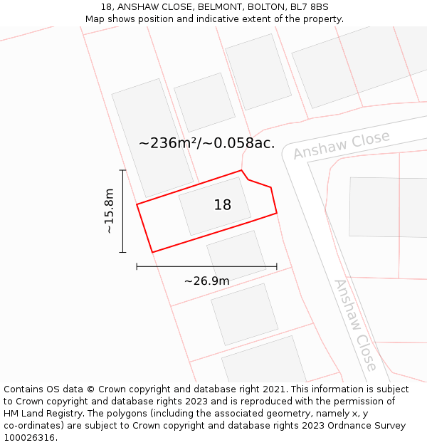 18, ANSHAW CLOSE, BELMONT, BOLTON, BL7 8BS: Plot and title map