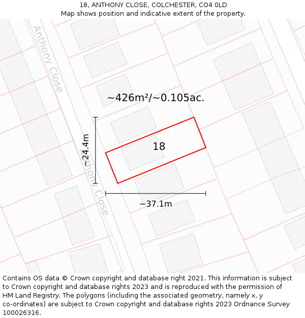 18, ANTHONY CLOSE, COLCHESTER, CO4 0LD: Plot and title map