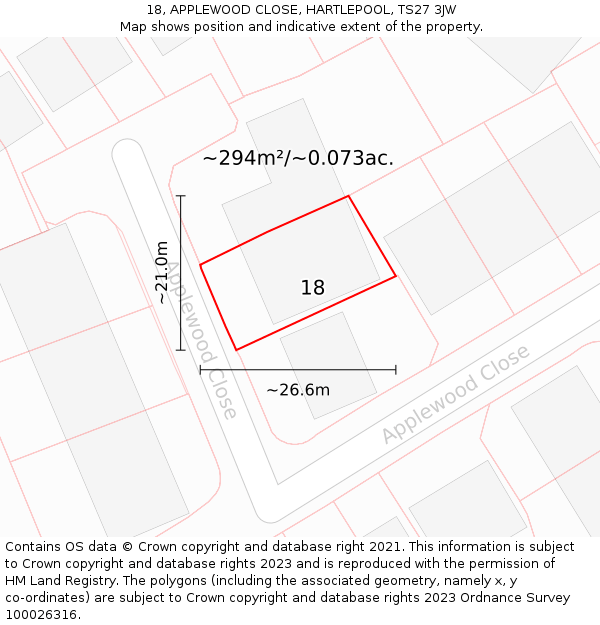 18, APPLEWOOD CLOSE, HARTLEPOOL, TS27 3JW: Plot and title map
