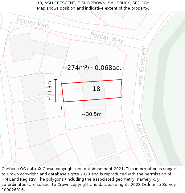 18, ASH CRESCENT, BISHOPDOWN, SALISBURY, SP1 3GY: Plot and title map