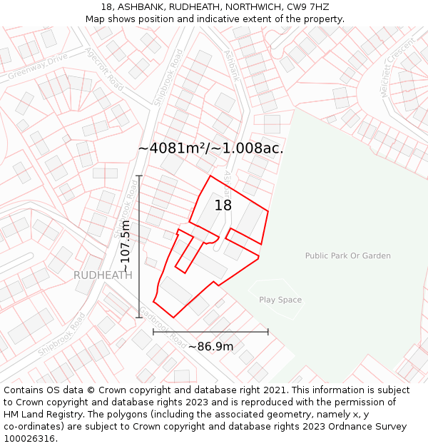 18, ASHBANK, RUDHEATH, NORTHWICH, CW9 7HZ: Plot and title map