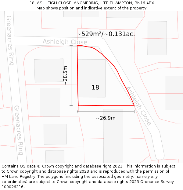 18, ASHLEIGH CLOSE, ANGMERING, LITTLEHAMPTON, BN16 4BX: Plot and title map