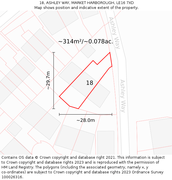 18, ASHLEY WAY, MARKET HARBOROUGH, LE16 7XD: Plot and title map