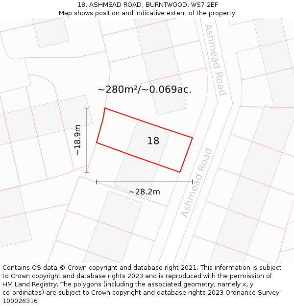 18, ASHMEAD ROAD, BURNTWOOD, WS7 2EF: Plot and title map