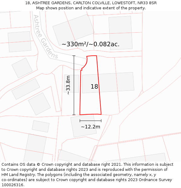 18, ASHTREE GARDENS, CARLTON COLVILLE, LOWESTOFT, NR33 8SR: Plot and title map