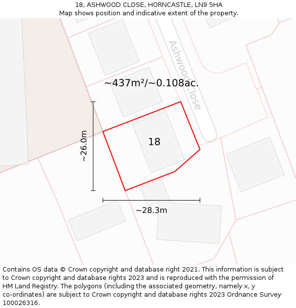 18, ASHWOOD CLOSE, HORNCASTLE, LN9 5HA: Plot and title map