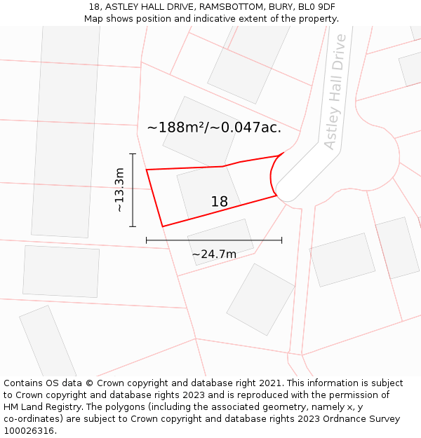 18, ASTLEY HALL DRIVE, RAMSBOTTOM, BURY, BL0 9DF: Plot and title map