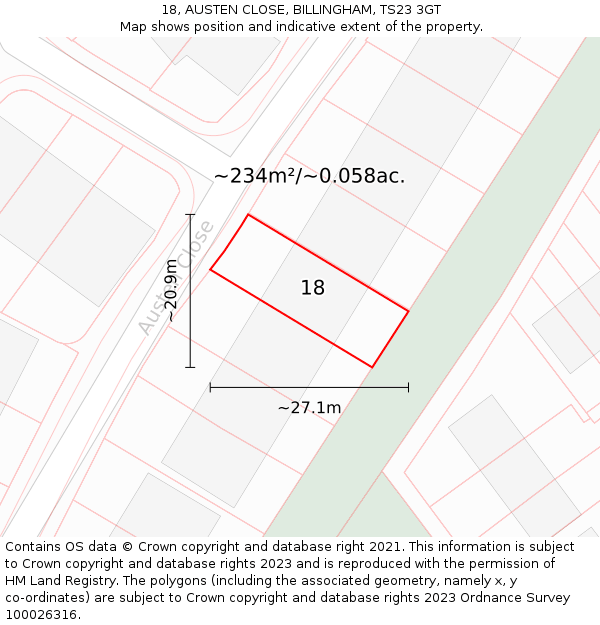 18, AUSTEN CLOSE, BILLINGHAM, TS23 3GT: Plot and title map