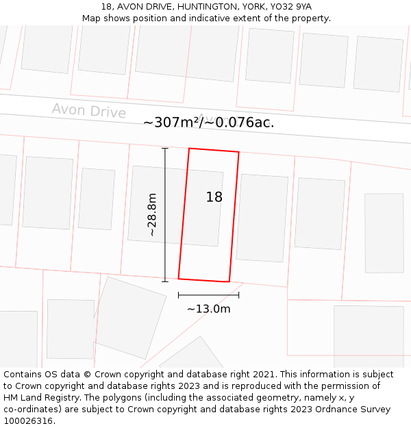 18, AVON DRIVE, HUNTINGTON, YORK, YO32 9YA: Plot and title map