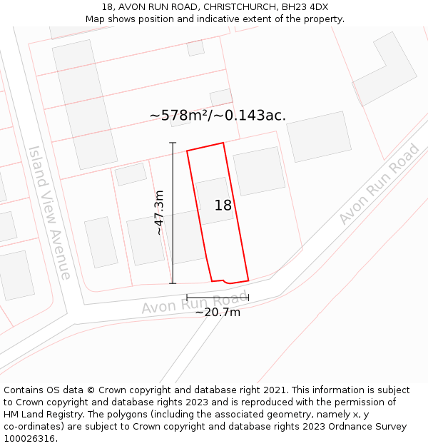 18, AVON RUN ROAD, CHRISTCHURCH, BH23 4DX: Plot and title map