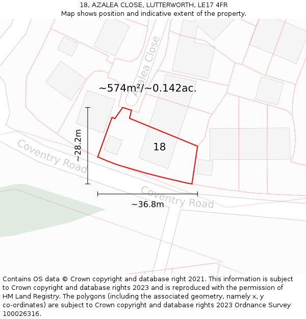 18, AZALEA CLOSE, LUTTERWORTH, LE17 4FR: Plot and title map