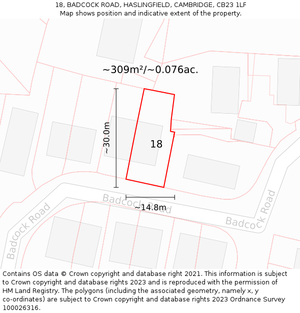 18, BADCOCK ROAD, HASLINGFIELD, CAMBRIDGE, CB23 1LF: Plot and title map