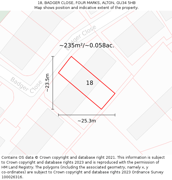 18, BADGER CLOSE, FOUR MARKS, ALTON, GU34 5HB: Plot and title map