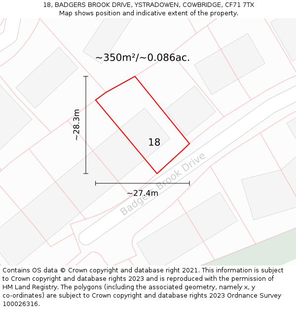 18, BADGERS BROOK DRIVE, YSTRADOWEN, COWBRIDGE, CF71 7TX: Plot and title map
