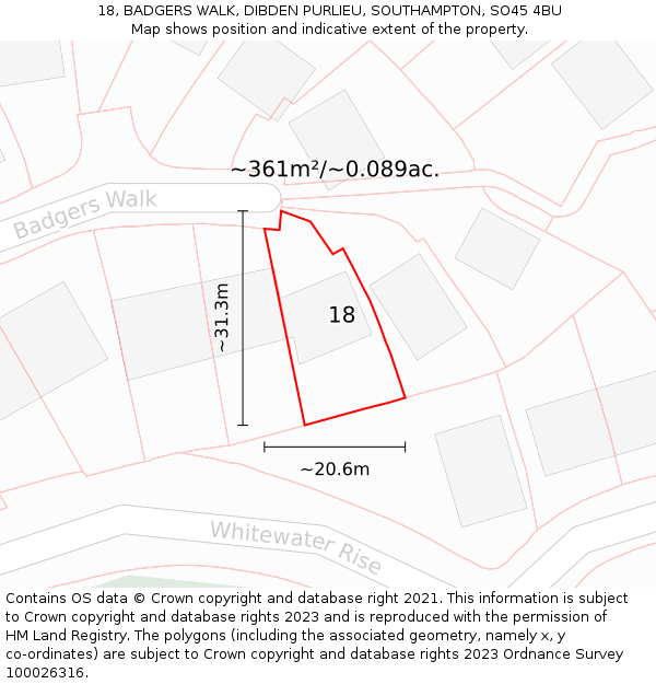 18, BADGERS WALK, DIBDEN PURLIEU, SOUTHAMPTON, SO45 4BU: Plot and title map