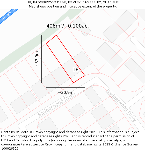 18, BADGERWOOD DRIVE, FRIMLEY, CAMBERLEY, GU16 8UE: Plot and title map