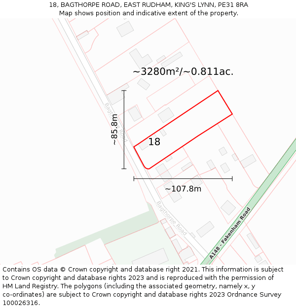 18, BAGTHORPE ROAD, EAST RUDHAM, KING'S LYNN, PE31 8RA: Plot and title map