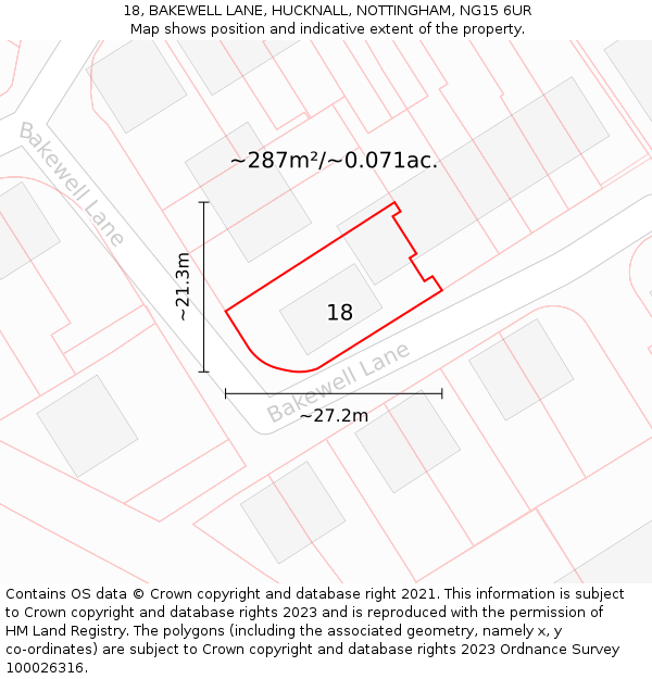 18, BAKEWELL LANE, HUCKNALL, NOTTINGHAM, NG15 6UR: Plot and title map