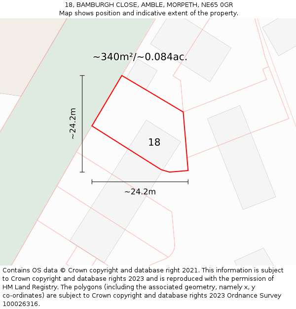 18, BAMBURGH CLOSE, AMBLE, MORPETH, NE65 0GR: Plot and title map