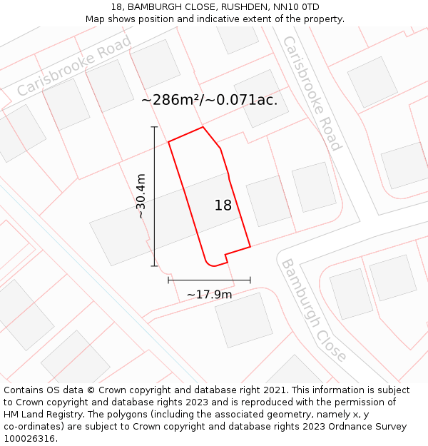 18, BAMBURGH CLOSE, RUSHDEN, NN10 0TD: Plot and title map