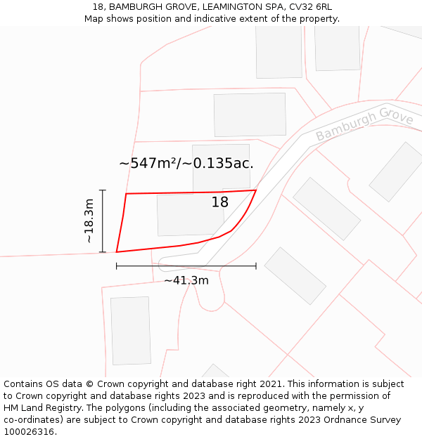 18, BAMBURGH GROVE, LEAMINGTON SPA, CV32 6RL: Plot and title map