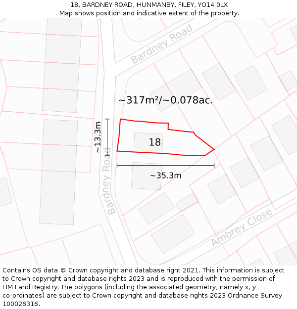 18, BARDNEY ROAD, HUNMANBY, FILEY, YO14 0LX: Plot and title map