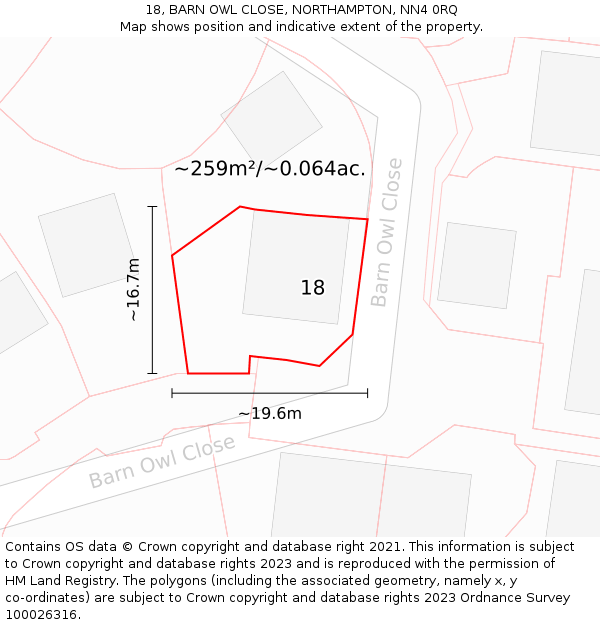 18, BARN OWL CLOSE, NORTHAMPTON, NN4 0RQ: Plot and title map