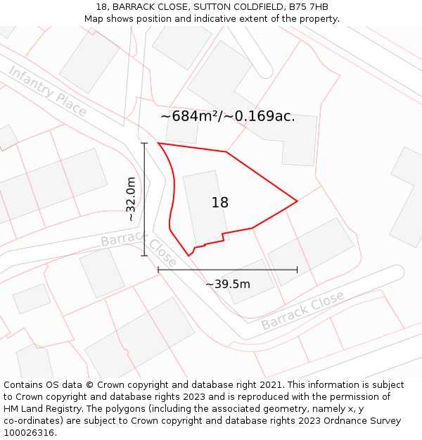 18, BARRACK CLOSE, SUTTON COLDFIELD, B75 7HB: Plot and title map