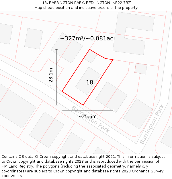 18, BARRINGTON PARK, BEDLINGTON, NE22 7BZ: Plot and title map
