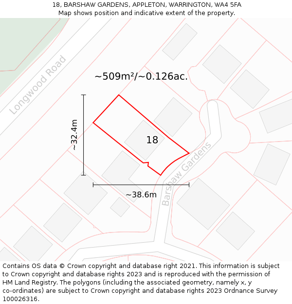 18, BARSHAW GARDENS, APPLETON, WARRINGTON, WA4 5FA: Plot and title map